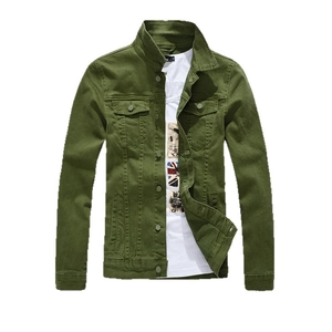 Army green slim fit denim jacket for men featuring a classic lapel and front flap pockets