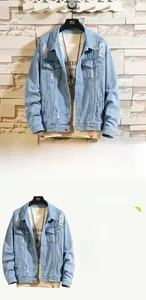 Detailed view of light blue denim jacket with distressed holes and washed texture