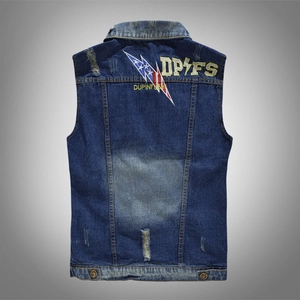 Men's blue distressed denim vest with lightning embroidery and star pattern on the back