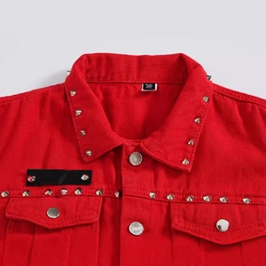 Men's red denim vest featuring cool silver metal rivets and punk rock style accents