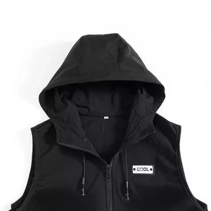Men's slim fit black hooded vest with metal zipper and cool patch for casual spring wear