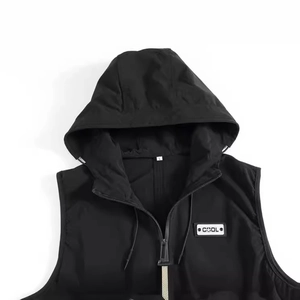 Slim fit men's hooded vest in black with cool patch detail and windproof fabric