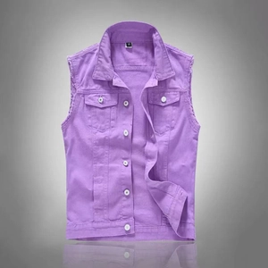 Gilet en Denim Violet Décontracté pour Hommes Veste Sans Manches Coupe Cintrée Coton Jean Avec Bords Effilochés Poches Streetwear