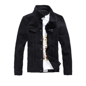 Schmal geschnittene schwarze Jeansjacke für Herren mit klassischem Kragen und Metallknöpfen