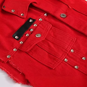 Men's red denim vest featuring cool metal rivets and distressed frayed edges