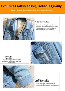 Detailed stitching on collar, pocket and cuffs of a distressed light blue denim jacket
