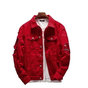 Men's oversized red denim jacket with distressed sleeve details and classic metal buttons