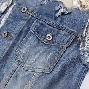 Men's retro blue washed denim vest with distressed frayed edges and utility chest pockets