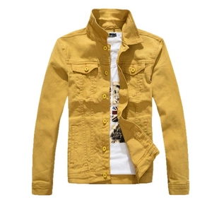 Slim fit men's stretch denim jacket in yellow with classic collar and front button closure