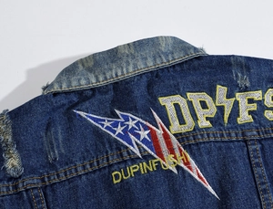Men's dark blue denim vest featuring lightning bolt embroidery and detailed stitching