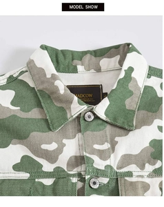 Detail of military camo jacket with branded woven label and engraved metal buttons