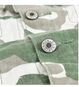 Close-up of camouflage jacket detail showing durable twill fabric and metal jeans button