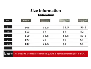 Detailed size chart for oversized denim jacket including bust and length measurements