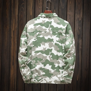 Men's camouflage green denim jacket with loose military style and drop shoulder back view