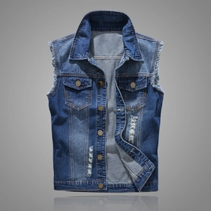 Men Casual Distressed Denim Vest Slim Fit Ripped Sleeveless Jacket Retro Blue Cotton Waistcoat Streetwear For All Seasons
