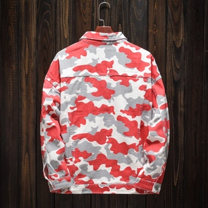 Back view of red camo denim jacket with drop shoulders and loose fit style