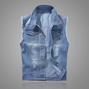 Gilet en Jean Distressed pour Hommes Bleu Clair Lavé Veste Sans Manches Avec Revers Poches Vêtements en Coton Décontractés Homme