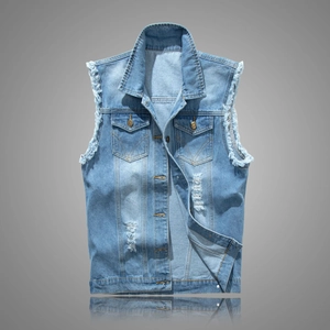 Gilet en Jean Décontracté pour Hommes Veste sans Manches Déchirée Streetwear Rétro en Coton Lavé pour Printemps Automne