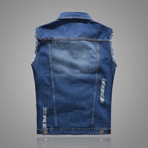 Men's slim fit distressed blue denim vest with ripped details and raw hem back view