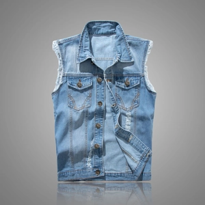 Gilet en Jean Bleu Clair Décontracté pour Hommes Déchiré sans Manches Veste en Jean Lavage Vintage Coupe Ajustée Multi Poches