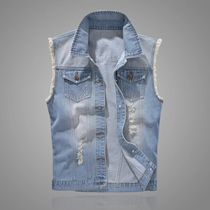 Men's Slim Fit Distressed Denim Vest Washed Cotton Light Blue Sleeveless Jacket With Heart Metal Buttons Vintage Streetwear Vest Top