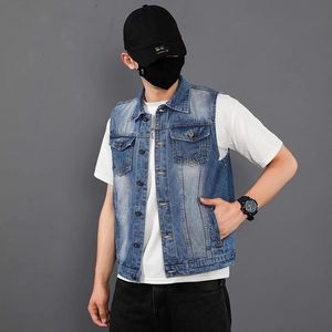 Gilet en Jean Délavé Vintage pour Hommes Coupe Slim Coton Veste Sans Manches Avec Poches Casual Streetwear Gilet pour Hommes