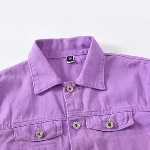 Lavender purple men's denim jacket featuring metal buttons and front chest pockets
