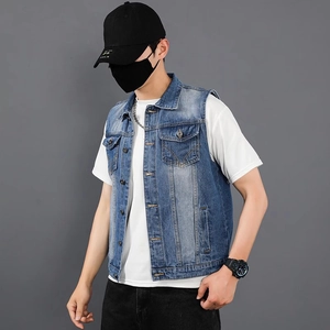 Gilet en jean bleu délavé classique pour hommes avec décoloration et poches
