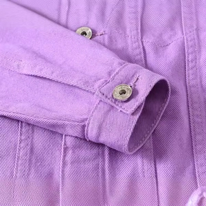 Men's purple denim jacket in heavy cotton twill with silver embossed metal buttons