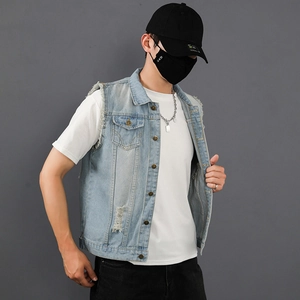Men's light blue distressed denim vest with ripped details and classic flap pockets