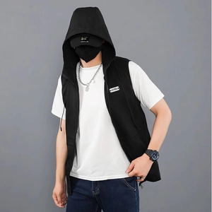 Men's slim fit black hooded vest with COOL label and zipper, urban streetwear style