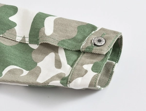 Macro shot of camouflage jacket cuff with twill texture and vintage JEANS metal button