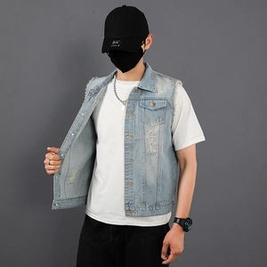 Slim fit light blue denim vest for men with distressed holes and raw edge sleeves