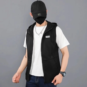 Men's slim fit hooded zip-up vest in black with cool patch and front pockets