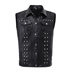 Men's Punk Biker PU Leather Vest Slim Fit Rivet Studded Sleeveless Jacket With Lapel Collar Black Moto Waistcoat For Men