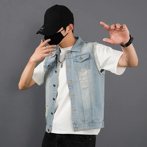 Slim fit light blue denim vest for men with vintage wash, distressed holes and frayed edges