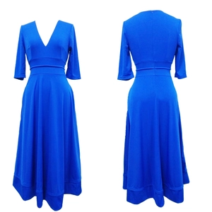 Front and back detail of royal blue V-neck maxi dress with mid-length sleeves
