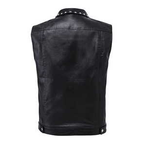Men's slim fit black PU leather motorcycle vest with silver studs on the back view