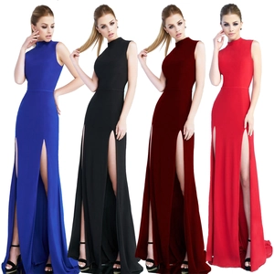 Elegant Women Sleeveless High Neck Maxi Dress Double Side High Slit Slim Fit Evening Gown Formal Party Banquet Long Dress