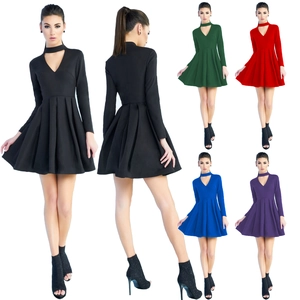 Robe Mini Plissée à Manches Longues et Col en V Ajouré pour Femmes Coupe Ajustée Taille Haute Couleur Unie Robe Élégante de Cocktail Party