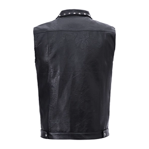 Men's punk style black leather vest featuring silver studs and motorcycle back design