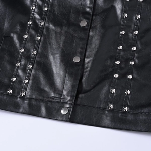 Slim fit black faux leather vest for men with silver studs and metal button details