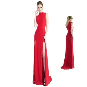 Elegant sleeveless red evening gown with standing collar and high side slit floor length