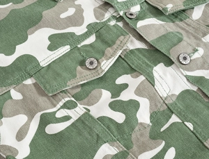 Macro detail of camouflage twill fabric with metal buttons and double stitching