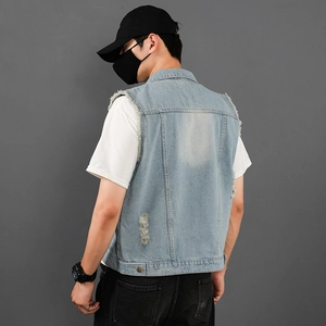 Rear view of light blue denim vest for men showing distressed details and faded back