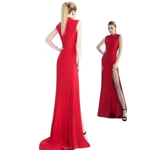Front and back view of red sleeveless high neck maxi dress with side slit for evening wear