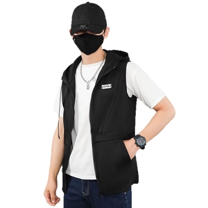 Mens slim fit hooded vest in black, casual lightweight zipper waistcoat for street style
