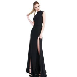 Elegant sleeveless high-neck black maxi dress with side slit and slim fit silhouette