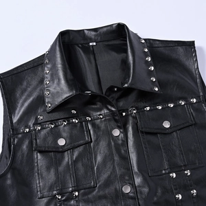Men's slim-fit black leather vest with silver rivets and metal buttons in punk style