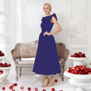 Detail of elegant ruffle sleeves and slim-fit waist on dark blue midi party dress